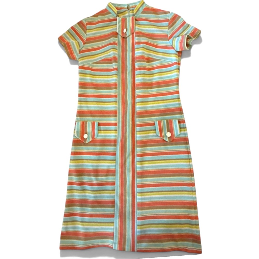 Vintage 60s ILGWU Striped Shift Dress Mod Mini Orange Turquoise Sz 12 *read